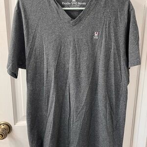 Psycho Bunny Charcoal Gray V-Neck Tee with Pink Bunny Logo